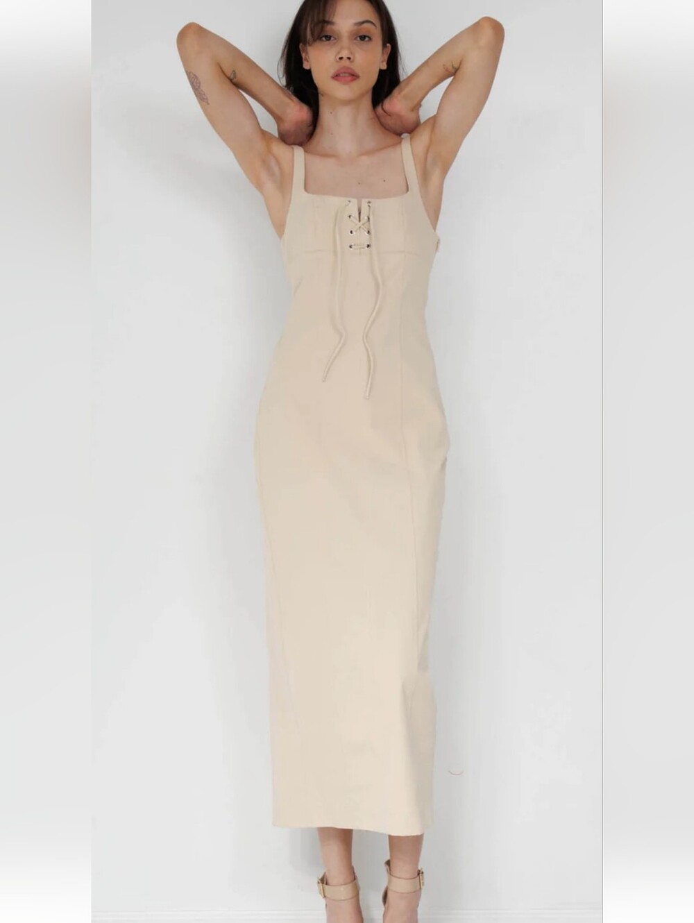 Zara Milkmaid Bodycon Midi Dress Size M Lace-up Square Neckline Cream Stretch